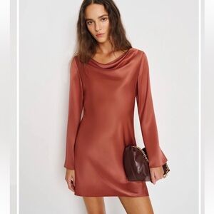 Reformation Pike Satin Long Sleeve Dress in Rosewood Size Medium